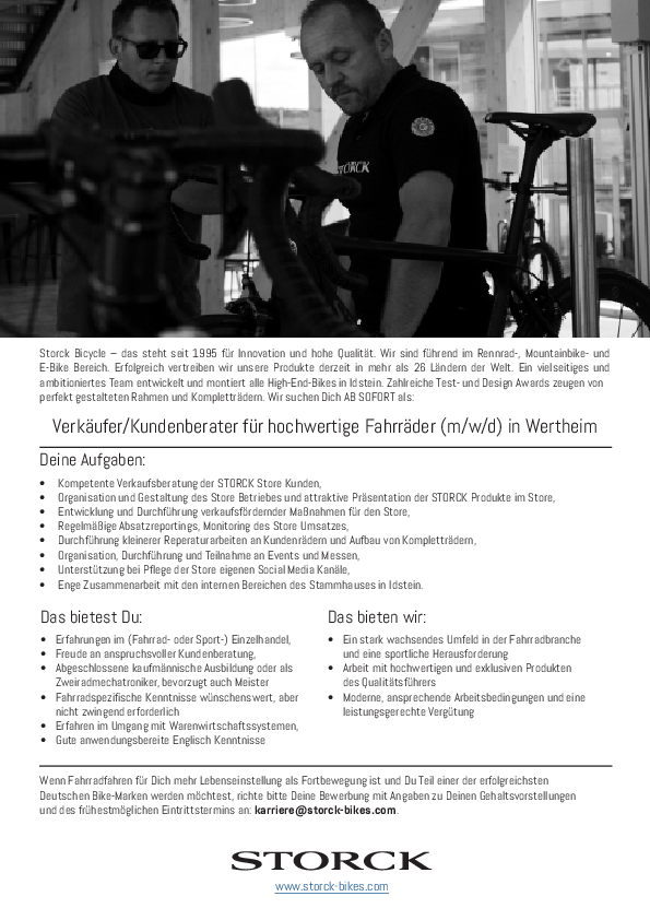 Verkäufer/Kundenberater für hochwertige Fahrräder (m/w/d) in Wertheim